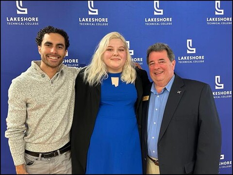 Nicolet College students John Krueger and Katelyn Abbott, pictured with Curt Drumm, business management/entrepreneurship instructor, recently competed in the New Ideas Regional Pitch Contest at Lakeshore Technical College. Abbott claimed second place.