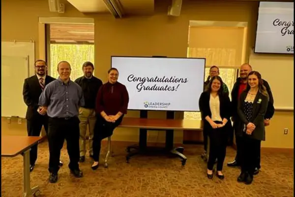 Nicolet College Academic Success Coach Tyler Ruppert and Admissions Representative Nathan Zorn, graduated from Leadership Oneida County on Thursday, May 9. Zorn and Ruppert are pictured with the Leadership Oneida County graduating class.