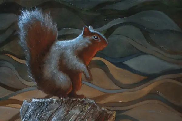 An oil painting of a squirrel, dramatically lit, on a stump.