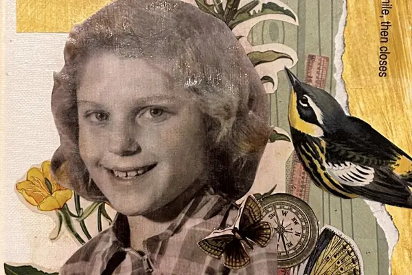 A collage of a smiling young girl, moths, a bird and a flower.