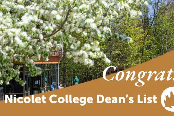 White blossoms outside a building with "Congrats! Nicolet College Dean’s List" text.