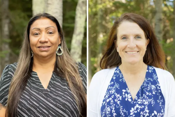 Two portraits of women smiling outdoors.