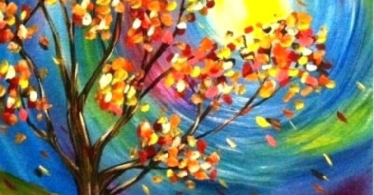 canvas painting of a colorful sun and tree