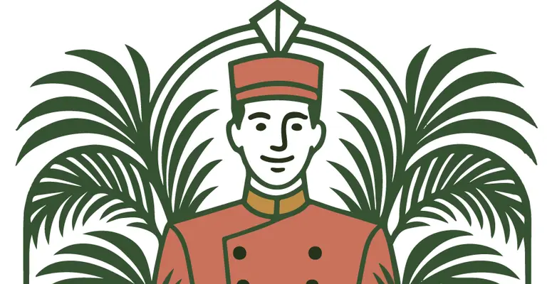 Bellhop in uniform with palm trees and roses, "Suite Surrender" text below. Logo design.