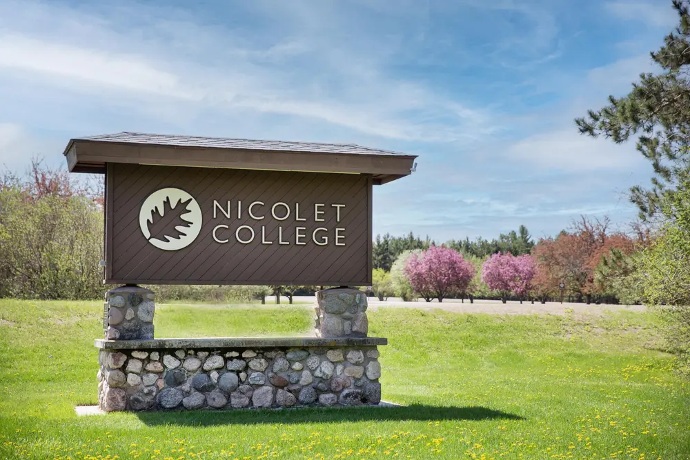 The Nicolet College sign at the campus entrance.