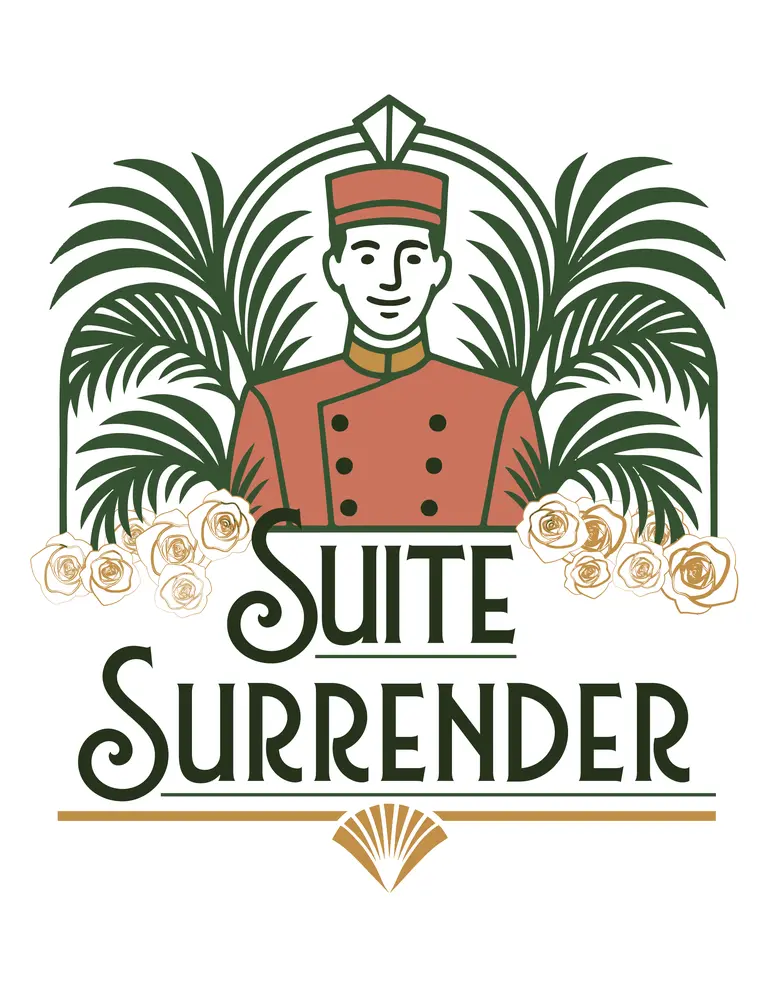 An illustration of a hotel bellhop surrounded by palm trees.