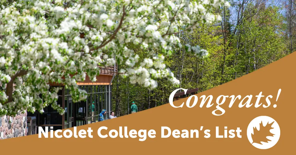 White blossoms outside a building with "Congrats! Nicolet College Dean’s List" text.