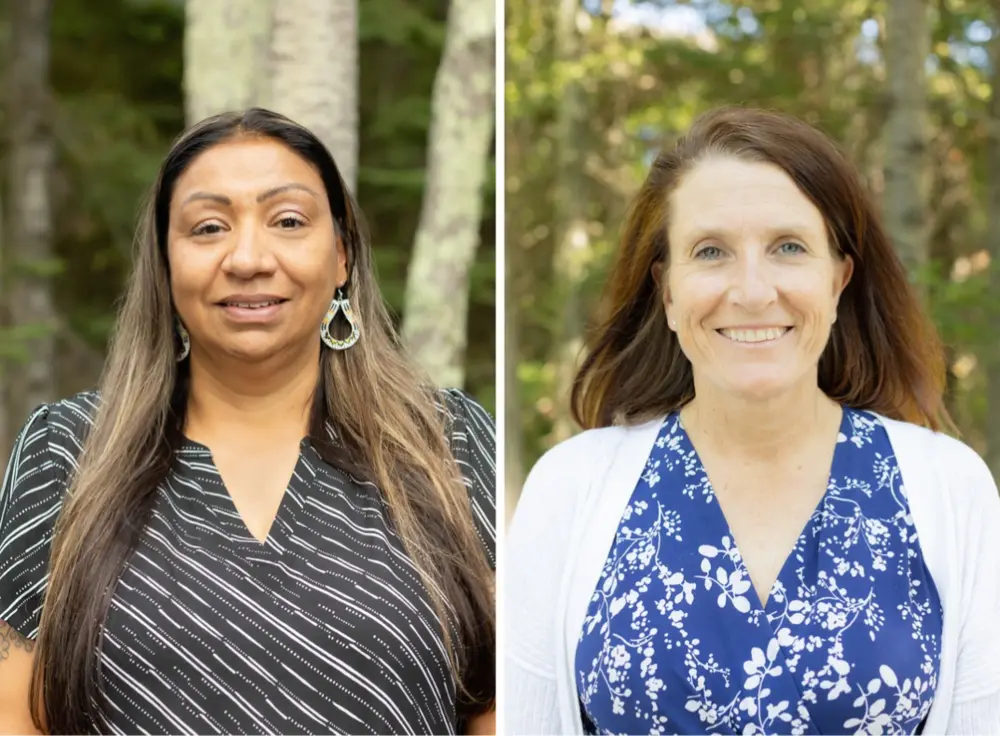 Two portraits of women smiling outdoors.