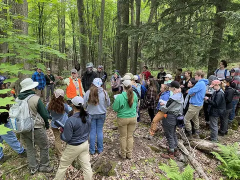 instructor in the woods with students