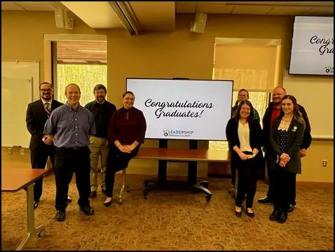 Nicolet College Academic Success Coach Tyler Ruppert and Admissions Representative Nathan Zorn, graduated from Leadership Oneida County on Thursday, May 9. Zorn and Ruppert are pictured with the Leadership Oneida County graduating class.