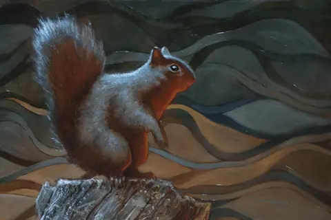 An oil painting of a squirrel, dramatically lit, on a stump.
