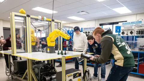 Students in Nicolet College's electromechanical lab.