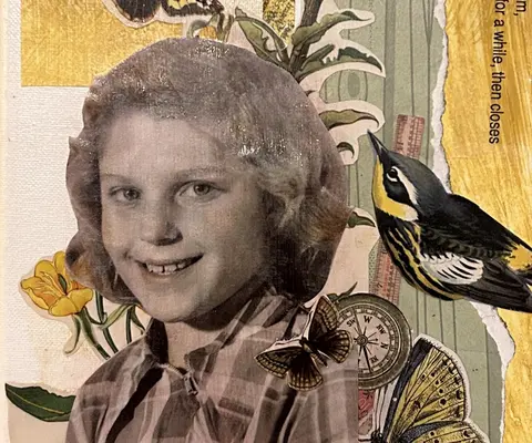 A collage of a smiling young girl, moths, a bird and a flower.