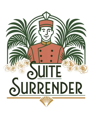 An illustration of a hotel bellhop surrounded by palm trees.