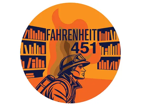 Firefighter silhouette with books and flames, text "Fahrenheit 451".