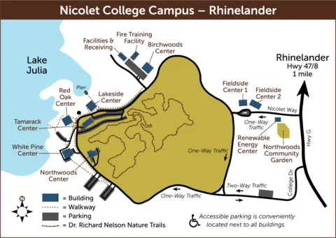 Map of Nicolet College campus showing all buildings, parking lots, walkways, and roads. See Getting Around Campus below for more.