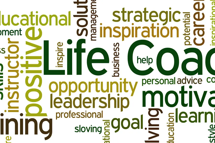 Word cloud featuring "Life Coach" prominently, with words like motivate and training.