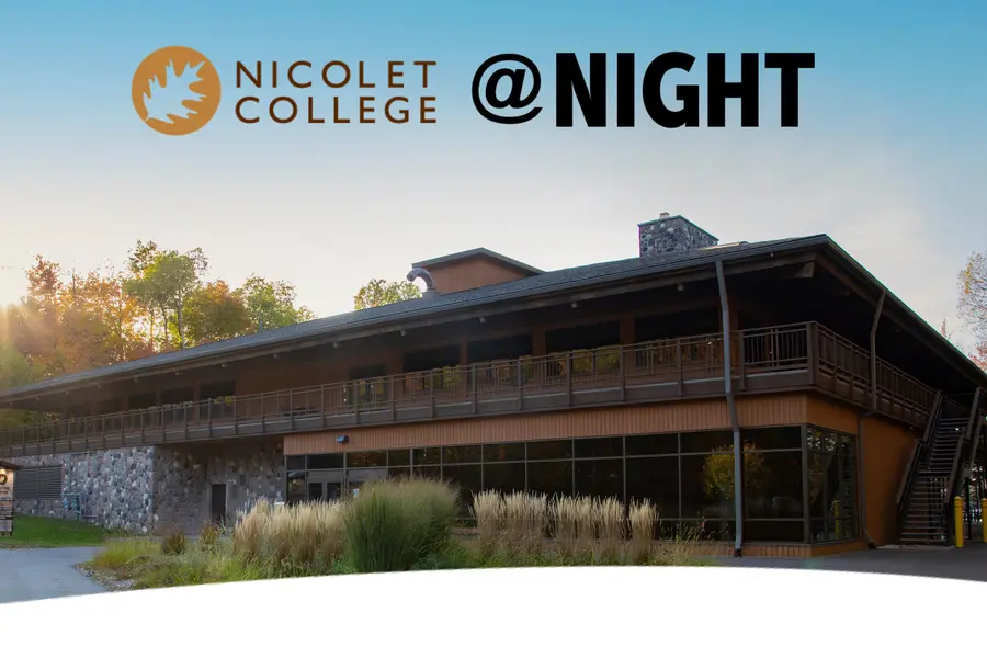 Nicolet College at Night graphic with Lakeside Center building under a clear evening sky.