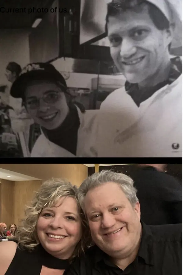 Two photos of a smiling couple, one vintage in black and white, the other modern and in color.